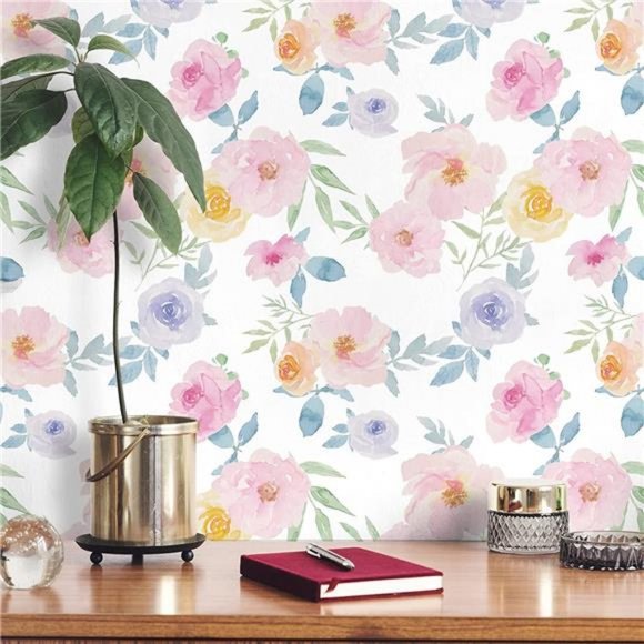 Wall Decor | Pink Floral Wallpaper Stick And Peel 177x787 Watercolor ...